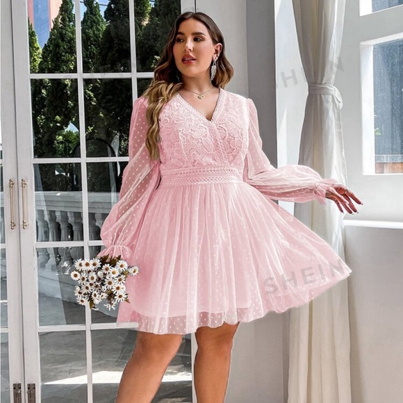 SHEIN Simplee Plus Contrast Lace Bodice Flounce Sleeve Mesh Dress 3X - Picture 1 of 5